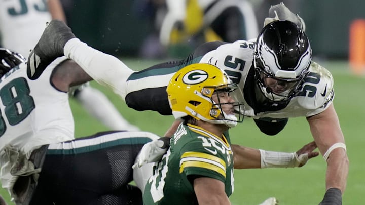 Philadelphia Eagles linebacker Jaelan Phillips (50) pressures Green Bay Packers quarterback Jordan Love (10) during the fourth quarter of their game Monday, November 10, 2025 at Lambeau Field in Green Bay, Wisconsin. Philadelphia Eagles linebacker Jaelan Phillips (50) pressures Green Bay Packers quarterback Jordan Love (10) during the fourth quarter of their game Monday, November 10, 2025 at Lambeau Field in Green Bay, Wisconsin.