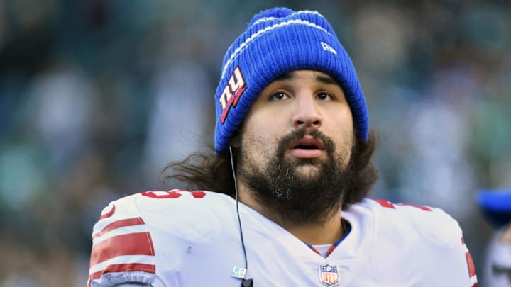 Jan 8, 2023; Philadelphia, Pennsylvania, USA; New York Giants guard Jon Feliciano (76) against the Philadelphia Eagles at Lincoln Financial Field.  