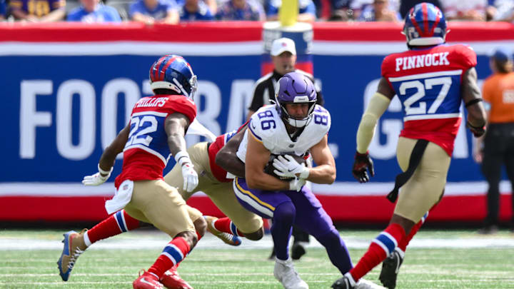 Sep 8, 2024; East Rutherford, New Jersey, USA; Members of the New York Giants defense sporting the team's 100th anniversary "Century Red" uniforms last season in Week 1.
