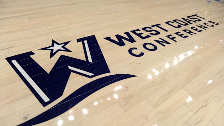 Feb 3, 2018; San Diego, CA, USA; A detailed view of a West Coast Conference logo on the court at Jenny Craig Pavilion before the game between the San Diego Toreros and the St. Mary's Gaels. Mandatory Credit: Orlando Ramirez-Imagn Images