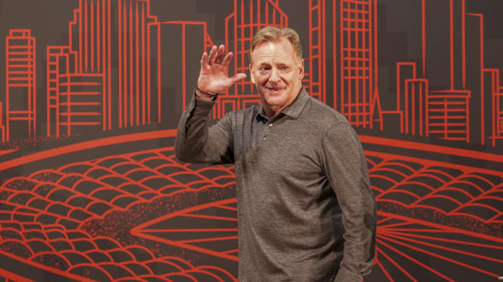 Nov 4, 2023; Frankfurt, Hessen, Germany;  NFL commissioner Rodger Goodell greats fans for a forum at Steigenberger Frankfurter Hof Hotel. Mandatory Credit: Nathan Ray Seebeck-Imagn Images