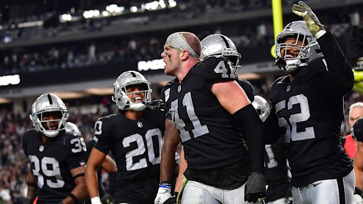 Nov 12, 2023; Paradise, Nevada, USA; Las Vegas Raiders linebacker Robert Spillane (41) reacts after