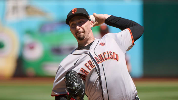 Aug 18, 2024; Oakland, California, USA; San Francisco Giants starting pitcher Blake Snell (7) throws a pitch against the Oakland Athletics during the first inning at Oakland-Alameda County Coliseum. Mandatory Credit: Robert Edwards-USA TODAY Sports
