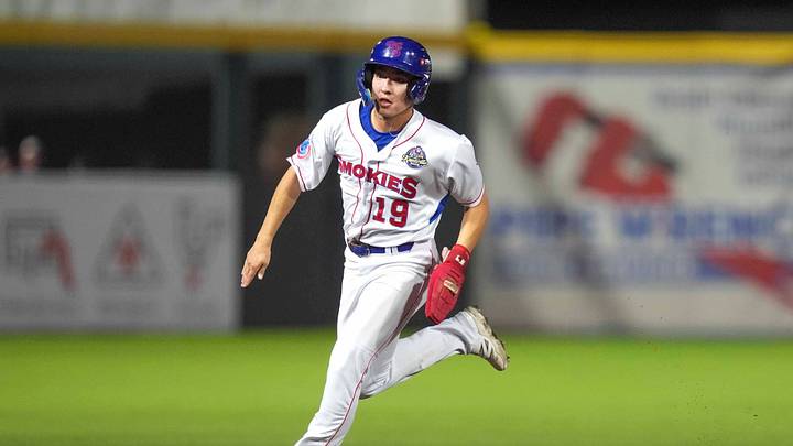 Knoxville Smokies outfielders Brett Bateman (19) runs towards third base during a minor league baseball game between the Knoxville Smokies and the Rocket City Trash Pandas at Covenant Health Park on September 3, 2025.