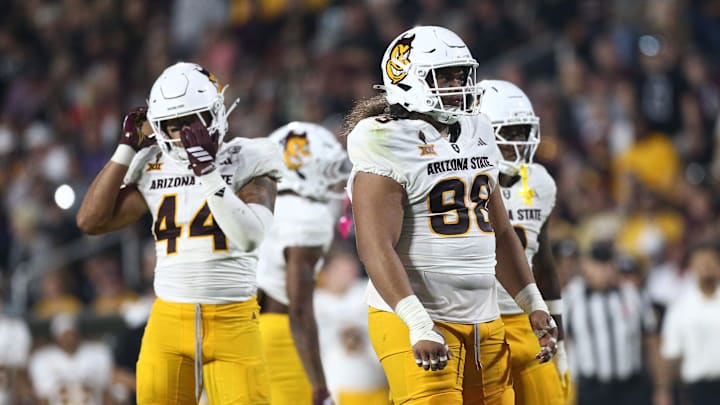 Sep 6, 2025; Starkville, Mississippi, USA; Arizona State Sun Devils defensive lineman Jacob Rich Kongaika (98) looks on during the third quarter against the Mississippi State Bulldogs at Davis Wade Stadium at Scott Field. Mandatory Credit: Petre Thomas-Imagn Images