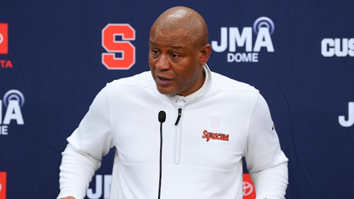Jan 24, 2026; Syracuse, New York, USA; Syracuse Orange head coach Adrian Autry speaks to the media following the game against the Miami Hurricanes at the JMA Wireless Dome. Mandatory Credit: Rich Barnes-Imagn Images