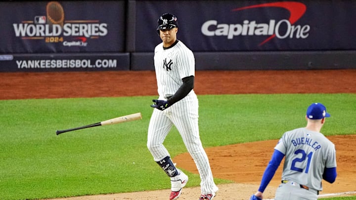 New York Yankees outfielder Juan Soto (22) reacts after grounding out during the third inning against the Los Angeles Dodgers in game three of the 2024 MLB World Series at Yankee Stadium on Oct 28.