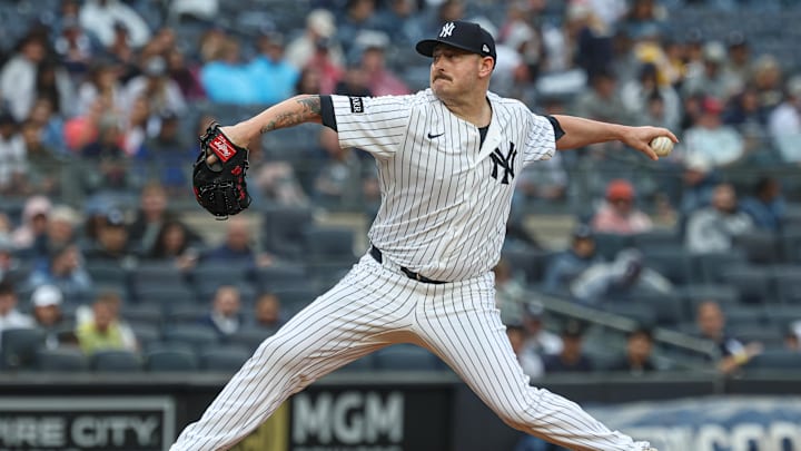 May 4, 2025; Bronx, New York, USA; New York Yankees relief pitcher Tyler Matzek (68) delivers a pitch during the fifth inning against the Tampa Bay Rays at Yankee Stadium. Mandatory Credit: Vincent Carchietta-Imagn Images