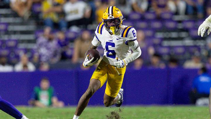 Nov 22, 2025; Baton Rouge, Louisiana, USA; LSU Tigers wide receiver Barion Brown (6) runs against the Western Kentucky Hilltoppers during the second half at Tiger Stadium. Mandatory Credit: Stephen Lew-Imagn Images Nov 22, 2025; Baton Rouge, Louisiana, USA; LSU Tigers wide receiver Barion Brown (6) runs against the Western Kentucky Hilltoppers during the second half at Tiger Stadium. Mandatory Credit: Stephen Lew-Imagn Images