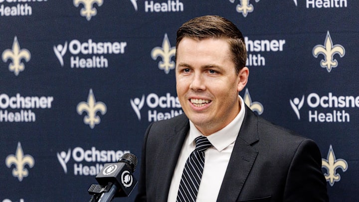 Feb 13, 2025; New Orleans, LA, USA;  New Orleans Saints introduce Kellen Moore as the head coach and he addresses the media at Ochsner Sports Performance Center. Mandatory Credit: Stephen Lew-Imagn Images