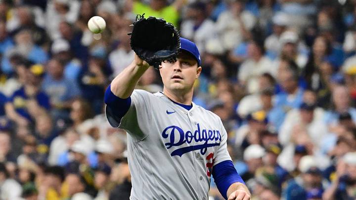 Oct 11, 2026; Milwaukee, Wisconsin, USA;  Los Angeles Dodgers pitcher Tarik Skubal (29) looks on during the third inning against the Milwaukee Brewers in game one of the NLCS for the 2026 MLB Playoffs at American Family Field.  Mandatory Credit: Benny Sieu-Imagn Images