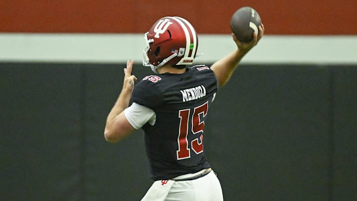 Indiana’s Fernando Mendoza (15) throws a pass during spring practice at Mellencamp Pavilion on Tuesday, April 1, 2025.
