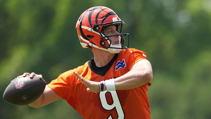 Jun 10, 2025; Cincinnati, OH, USA; Cincinnati Bengals quarterback Joe Burrow (9) throw during practice at Paycor Stadium. Mandatory Credit: Kareem Elgazzar-Imagn Images