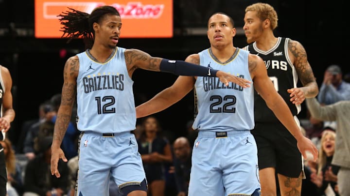 Jan 2, 2024; Memphis, Tennessee, USA; Memphis Grizzlies guard Ja Morant (12) reacts with guard Desmond Bane (22) after a three point basket by Bane during the second half against the San Antonio Spurs at FedEx Forum. Mandatory Credit: Petre Thomas-Imagn Images