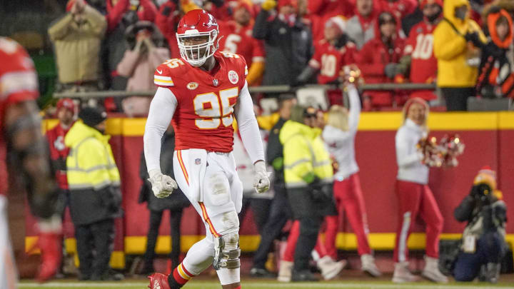 Dec 31, 2023; Kansas City, Missouri, USA; Kansas City Chiefs defensive tackle Chris Jones (95) lines up against the Cincinnati Bengals during the game at GEHA Field at Arrowhead Stadium. Mandatory Credit: Denny Medley-USA TODAY Sports