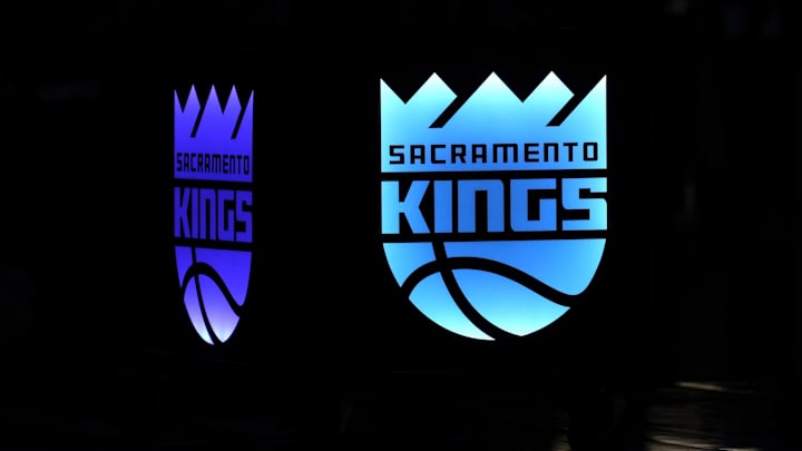 Oct 9, 2022; Sacramento, California, USA; Sacramento Kings logos are displayed at center court before the game against the Portland Trail Blazers at Golden 1 Center. Mandatory Credit: Darren Yamashita-Imagn Images