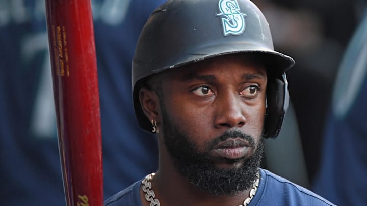 Seattle Mariners outfielder Randy Arozarena (56) in the dugout against the Philadelphia Phillies at Citizens Bank Park on Aug. 19. Seattle Mariners outfielder Randy Arozarena (56) in the dugout against the Philadelphia Phillies at Citizens Bank Park on Aug. 19.