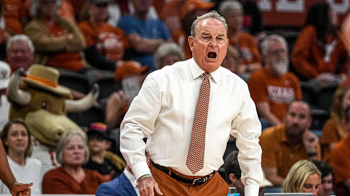 Jan 5, 2025; Austin, Texas, USA; Texas Longhorns head coach Vic Schaefer yells instructions from the sideline during the game against Arkansas at Moody Center. Mandatory Credit: Aaron E. Martinez/USA TODAY Network via Imagn Images