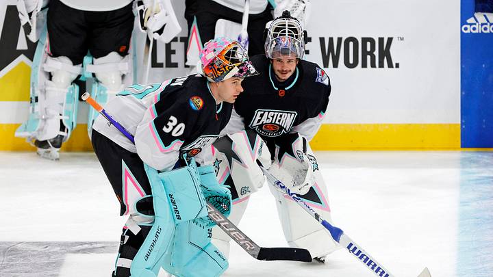 Feb 4, 2023; Sunrise, Florida, USA; Metropolitan Division goaltender (30) Ilya Sorokin New York Islanders talks with Metropolitan Division goaltender Igor Shesterkin (31) of the New York Rangers before the 2023 NHL All-Star Game at FLA Live Arena. Mandatory Credit: Sam Navarro-USA TODAY Sports