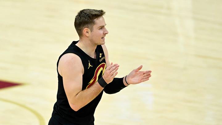 Mar 3, 2026; Cleveland, Ohio, USA; Cleveland Cavaliers guard Sam Merrill (5) celebrates his three-point basket in the fourth quarter against the Detroit Pistons at Rocket Arena. Mandatory Credit: David Richard-Imagn Images Mar 3, 2026; Cleveland, Ohio, USA; Cleveland Cavaliers guard Sam Merrill (5) celebrates his three-point basket in the fourth quarter against the Detroit Pistons at Rocket Arena. Mandatory Credit: David Richard-Imagn Images