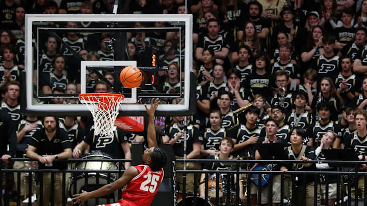 Wisconsin Badgers guard John Blackwell (25) shoots the ball Saturday, Feb. 15, 2025, during the NCAA men’s basketball game against the Purdue Boilermakers at Mackey Arena in West Lafayette, Ind. Wisconsin Badgers won 94-84.