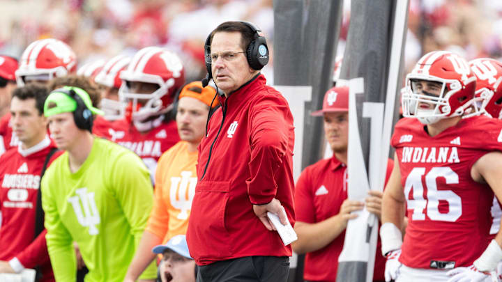 Nov 9, 2024; Bloomington, Indiana, USA; Indiana Hoosiers head coach Curt Cignetti  looks on in the game against the Michigan Wolverines  at Memorial Stadium. Mandatory Credit: Trevor Ruszkowski-Imagn Images