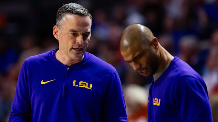LSU Tigers head coach Matt McMahon talks strategy in the first half. The Florida men   s basketball team hosted the LSU Tigers at Exactech Arena at the Stephen C. O   Connell Center in Gainesville, FL on Tuesday, February 13, 2024. Gators lead at half 47-34. [Doug Engle/Ocala Star Banner]