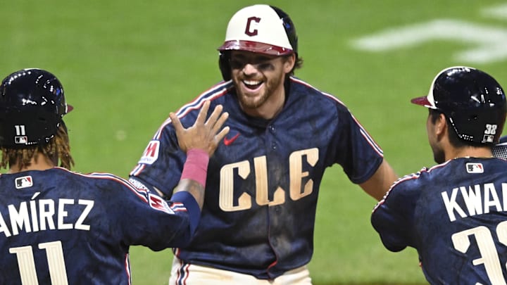 Apr 17, 2026; Cleveland, Ohio, USA; Cleveland Guardians shortstop Daniel Schneemann (10) celebrates his grand slam in the seventh inning against the Baltimore Orioles at Progressive Field. Mandatory Credit: David Richard-Imagn Images