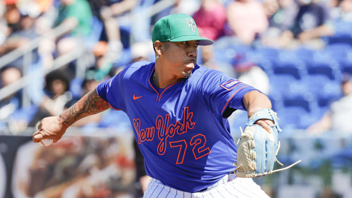 Mar 17, 2025; Port St. Lucie, Florida, USA;  New York Mets pitcher Dedniel Nunez (72) throws a pitch during the seventh inning against the Tampa Bay Rays at Clover Park. Mandatory Credit: Reinhold Matay-Imagn Images 