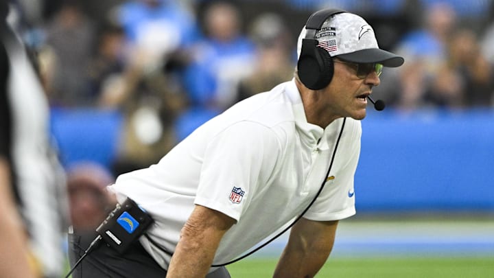 Nov 10, 2024; Inglewood, California, USA; Los Angeles Chargers head coach Jim Harbaugh during the third quarter against the Tennessee Titans at SoFi Stadium. Mandatory Credit: Robert Hanashiro-Imagn Images
