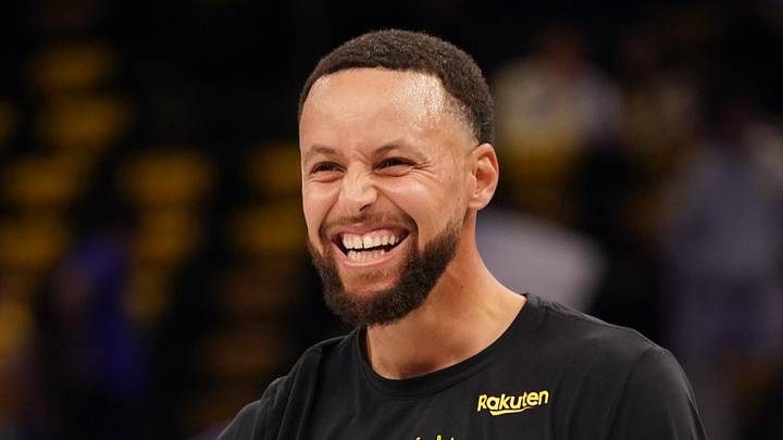 Nov 26, 2025; San Francisco, California, USA;  Golden State Warriors guard Stephen Curry (30) laughs during warm ups before the game against the Houston Rockets at Chase Center. Mandatory Credit: David Gonzales-Imagn Images