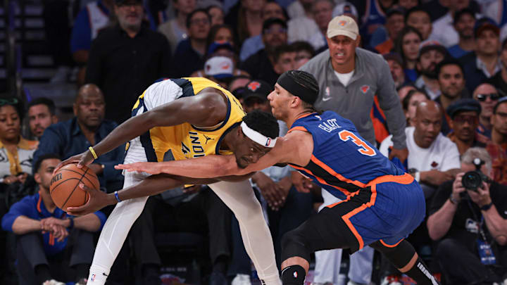 May 14, 2024; New York, New York, USA; Indiana Pacers forward Pascal Siakam (43) shields the ball 