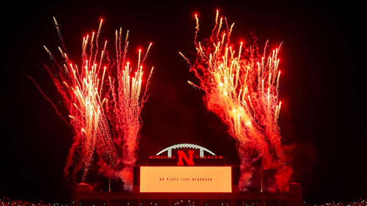 Sep 14, 2024; Lincoln, Nebraska, USA; Fireworks before the fourth quarter between the Nebraska Cornhuskers and the Northern Iowa Panthers at Memorial Stadium. Mandatory Credit: Dylan Widger-Imagn Images