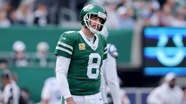 Nov 17, 2024; East Rutherford, New Jersey, USA; New York Jets quarterback Aaron Rodgers reacts during the first quarter against the Indianapolis Colts at MetLife Stadium. Nov 17, 2024; East Rutherford, New Jersey, USA; New York Jets quarterback Aaron Rodgers reacts during the first quarter against the Indianapolis Colts at MetLife Stadium.