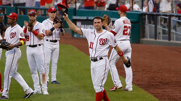 Oct 3, 2021; Washington, District of Columbia, USA; Washington Nationals first baseman Ryan Zimmerman (11) waves to the crowd after being removed from the game against the Boston Red Sox during the eighth inning at Nationals Park. Mandatory Credit: Geoff Burke-USA TODAY Sports