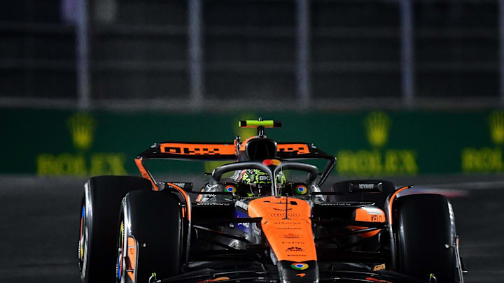 Nov 23, 2024; Las Vegas, Nevada, USA; McLaren driver Lando Norris (4) during the Las Vegas Grand Prix at Las Vegas Circuit. Mandatory Credit: Gary A. Vasquez-Imagn Images