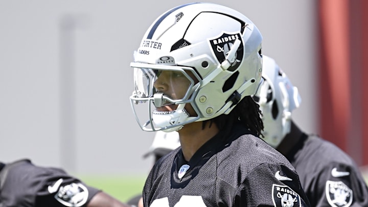 Jun 11, 2025; Henderson, NV, USA; Las Vegas Raiders cornerback Darien Porter (26) prepares for a drill during Las Vegas Raiders Minicamp at Intermountain Health Performance Center. Mandatory Credit: Candice Ward-Imagn Images