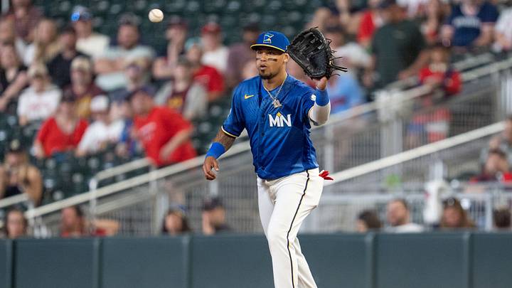 Jun 5, 2026; Minneapolis, Minnesota, USA; Minnesota Twins shortstop Orlando Arcia (11) retires Kansas City Royals catcher Salvador Perez (13) in the sixth inning at Target Field. Mandatory Credit: Matt Blewett-Imagn Images