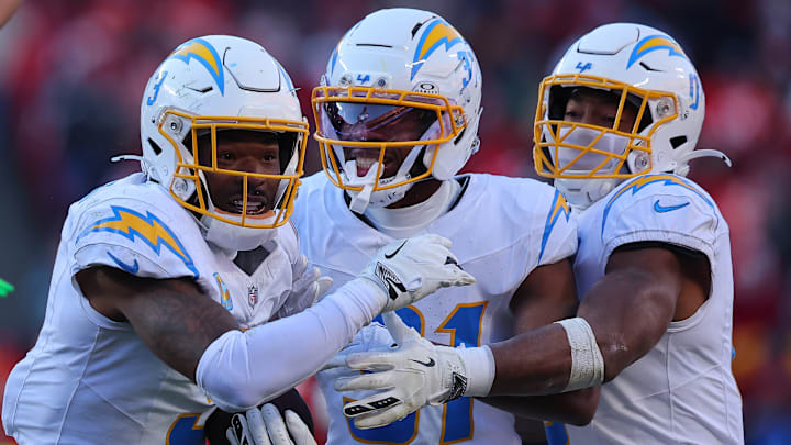 Los Angeles Chargers safety Derwin James Jr. celebrates with teammates after an interception against the Kansas City Chiefs Los Angeles Chargers safety Derwin James Jr. celebrates with teammates after an interception against the Kansas City Chiefs