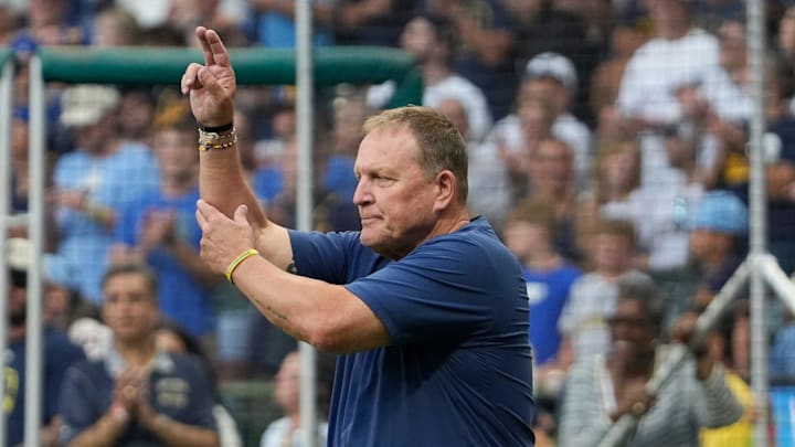 Brewers manager Pat Murphy signals for a pitcher change during the 25 season Alumni Home Run Derby on Friday July 25, 2025 at American Family Field in Milwaukee, WI.