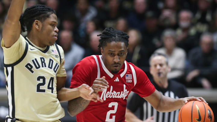 Purdue Boilermakers guard Gicarri Harris (24) defends Nebraska Cornhuskers guard Ahron Ulis (2) Sunday, Jan. 12, 2025, during the NCAA men’s basketball game at Mackey Arena in West Lafayette, Ind.