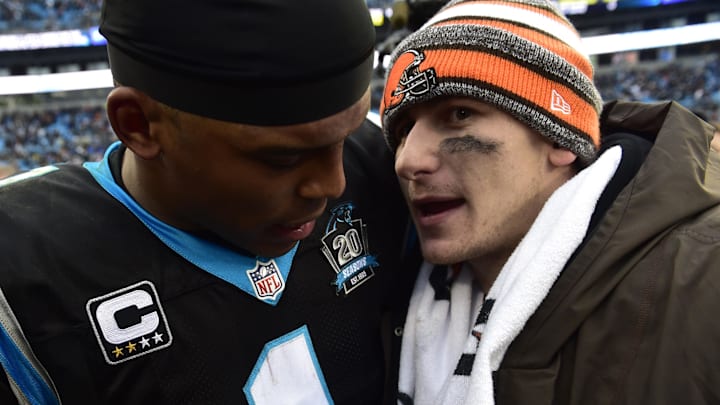 Carolina Panthers quarterback Cam Newton with Cleveland Browns quarterback Johnny Manziel after the game.