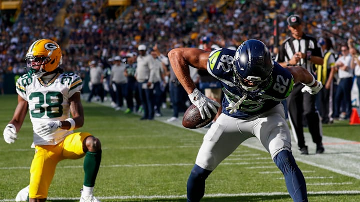 Seattle Seahawks wide receiver Cody White (82) spikes the ball after scoring a touchdown against the Green Bay Packers during their final preseason game on Saturday, August 23, 2025, at Lambeau Field in Green Bay, Wis. The Packers won the game, 20-7.
Tork Mason/USA TODAY NETWORK-Wisconsin Seattle Seahawks wide receiver Cody White (82) spikes the ball after scoring a touchdown against the Green Bay Packers during their final preseason game on Saturday, August 23, 2025, at Lambeau Field in Green Bay, Wis. The Packers won the game, 20-7.
Tork Mason/USA TODAY NETWORK-Wisconsin