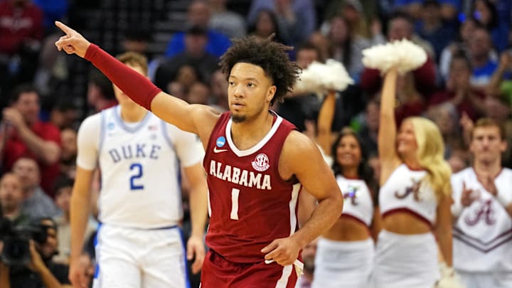 Mar 29, 2025; Newark, NJ, USA; Alabama Crimson Tide guard Mark Sears (1) celebrates after a play during the second half against the Duke Blue Devils in the East Regional final of the 2025 NCAA tournament at Prudential Center. Mandatory Credit: Robert Deutsch-Imagn Images