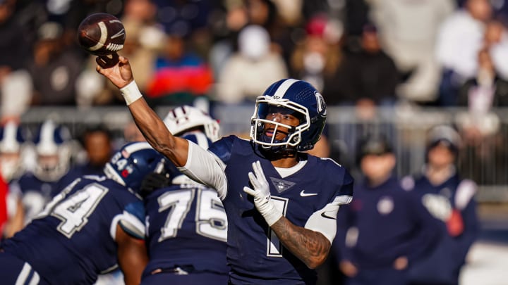 Nov 18, 2023; East Hartford, Connecticut, USA; UConn Huskies quarterback Ta'Quan Roberson (1) throws a pass against the Sacred Heart Pioneers in the second quarter at Rentschler Field at Pratt & Whitney Stadium. Mandatory Credit: David Butler II-USA TODAY Sports Nov 18, 2023; East Hartford, Connecticut, USA; UConn Huskies quarterback Ta'Quan Roberson (1) throws a pass against the Sacred Heart Pioneers in the second quarter at Rentschler Field at Pratt & Whitney Stadium. Mandatory Credit: David Butler II-USA TODAY Sports