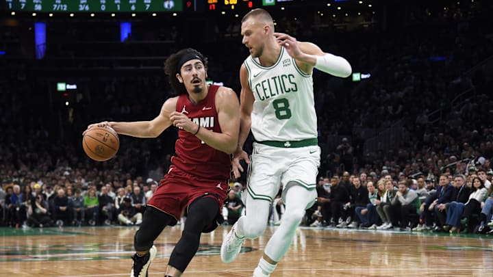 Apr 21, 2024; Boston, Massachusetts, USA; Miami Heat guard Jaime Jaquez Jr. (11) controls the ball