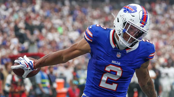 Sep 13, 2026; Houston, Texas, USA; Buffalo Bills wide receiver DJ Moore (2) reacts to his touchdown against the Houston Texans in the third quarter at Reliant Stadium. Mandatory Credit: Thomas Shea-Imagn Images