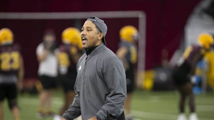 ASU interim wide receiver coach Bobby Wade coaches during an ASU football practice at the Kajikawa Practice Facility in Tempe on August 16, 2021.

Asu Football Practice