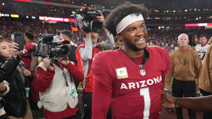 Arizona Cardinals quarterback Kyler Murray (1) smiles as the team celebrates their 25-23 win over