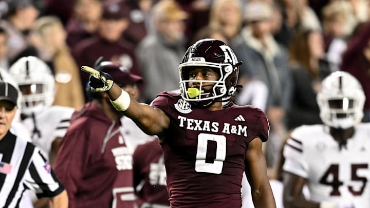 Nov 11, 2023; College Station, Texas, USA; Texas A&M Aggies wide receiver Ainias Smith (0)